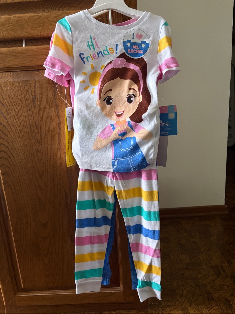 NWT 4 piece Ms. Rachel Kids Pajama Set White & Multicolor Stripe size 4T